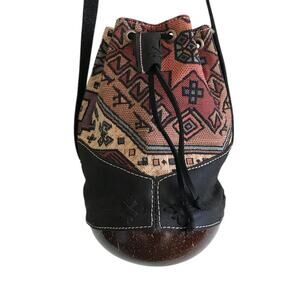 COCOBAG Handmade Tapestry Coconut/Leather Bucket Bag Unique Western Rare Aztec